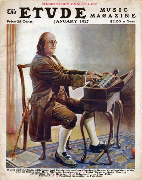 Recreation of Benjamin Franklin playing his glass harmonica, painting by Alan Foster, for the cover of the Jan. 1927 issue of The Etude Music Magazine (libraries.psu.edu)