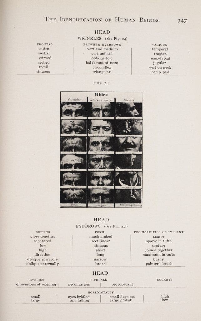 Bertillon devoted great effort to photograph, describe, and classify body parts—eyes, ears, noses, mouths, hair, and even facial wrinkles. Police officers would then use these descriptive terms to complete Bertillonage cards for a suspect.

Image source: Frazer, Persifor. “Identification of Human Beings by the System of Alphonse Bertillon.” The Journal of the Franklin Institute, vol. 167, no. 9, 1909.

View source