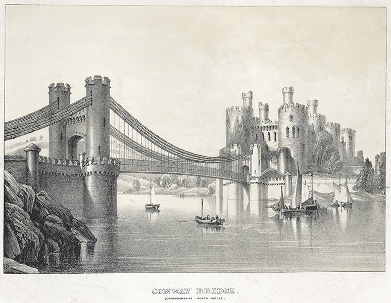 Conwy Bridge to Conwy Castle, built by William Hazledine, designed by Thomas Telford; lithograph, ca 1840 (People’s Collection Wales)