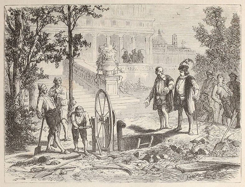 Duke Ferdinando II asking Galileo about pumps, from Louis Figuier, Merveilles (1867) (Linda Hall Library)