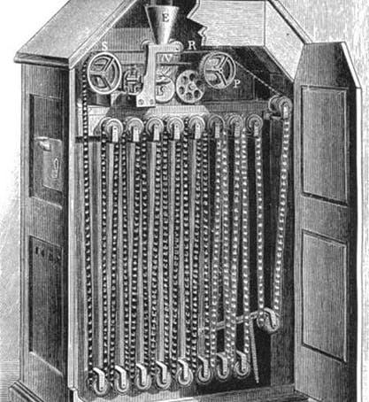William K.L. Dickson’s Kinetoscope with rear panel removed, showing film loop (Wikimedia commons)
