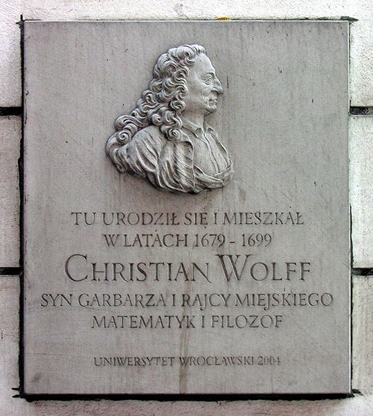 Memorial plaque with relief bust of Christian Wolff in his hometown of Breslau (Wikimedia Commons)
