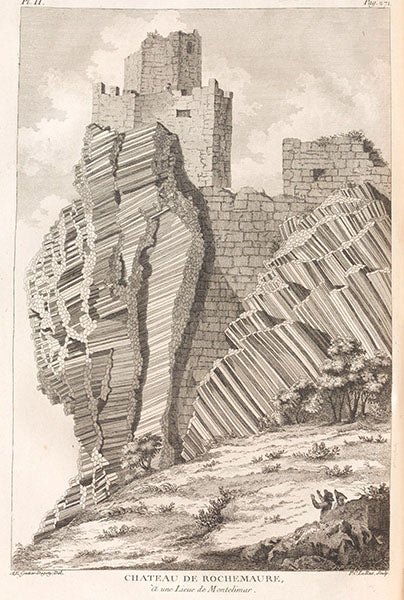 The castle at Montélimar, built upon prismatic basalt, engraving (margins cropped), Barthélemy Faujas-de-Saint-Fond, Recherches sur les volcans éteints du Vivarais et du Velay, 1778 (Linda Hall Library)