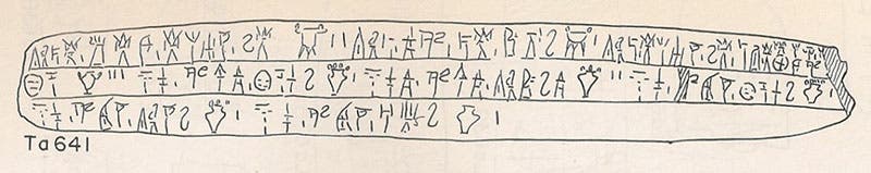 Transcription of the Pylos 641 tablet, made by Ventris himself, including the tripos ideogram, and the Linear B signs for ti, ri, and po, or tripos, the Mycenaean Greek word for tripod (konoso.files.wordpress.com)