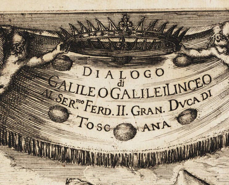 The Medici crest, detail of top of frontispiece to Galileo’s Dialogo (second image, 1632(Linda Hall Library)