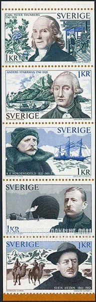 Five postage stamps issued by Sweden in 1973 to honor Swedish scientific explorers; Sparrman is second from the top (findyourstampsvaljue.com)