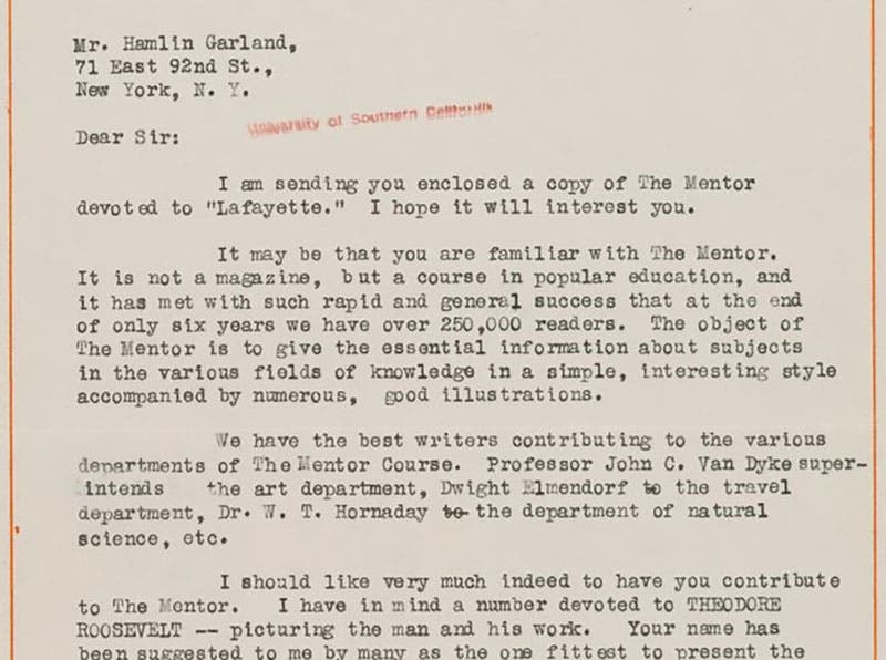 Detail of seventh image, William D. Moffat describing The Mentor in a letter (digitallibrary.usc.edu)