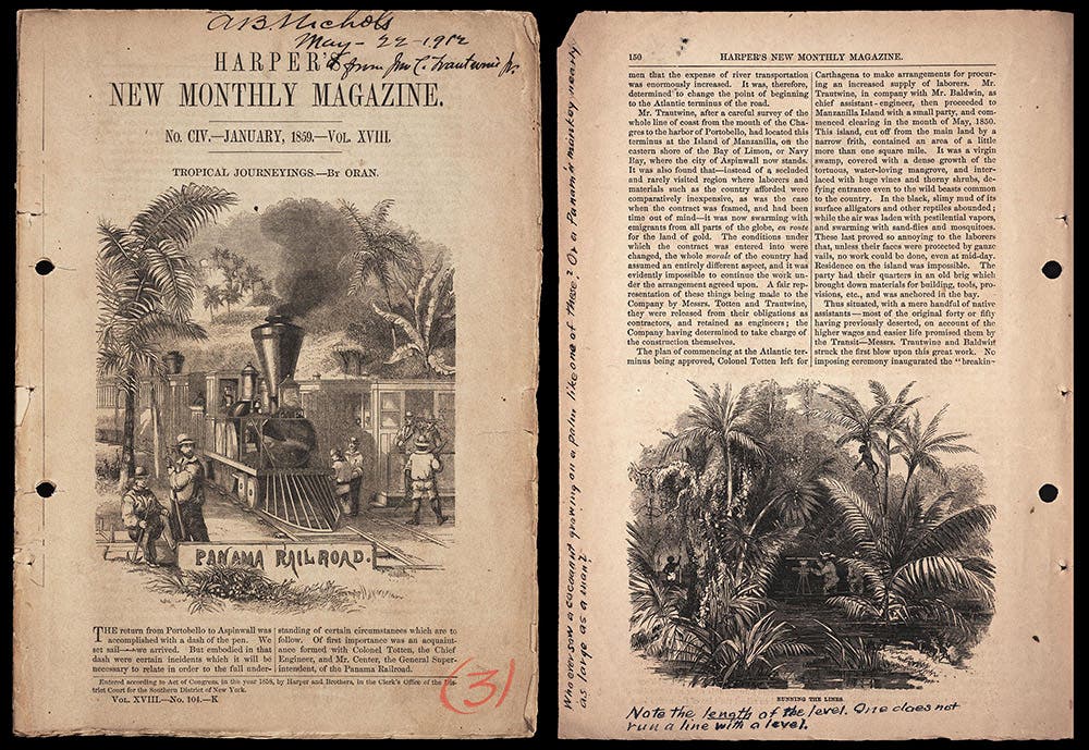 The Panama Railroad as depicted on the cover of Harper’s New Monthly Magazine, (vol. 18, no. 103, January 1859), with an annotated page from A.B. Nichols’ copy of the same issue.
