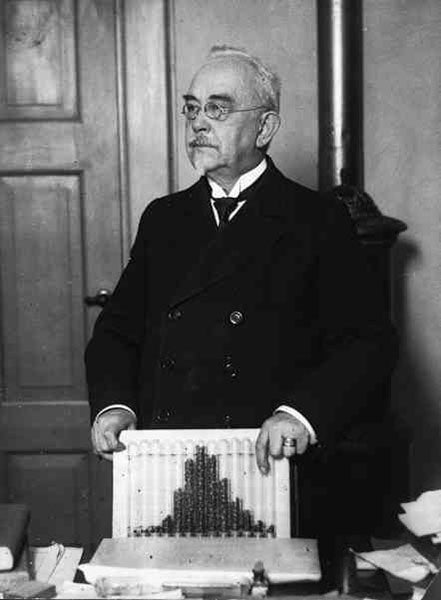 Wilhelm Johannsen with a graph showing the results of his bean-size breeding experiments, undated, 1920s? (wjc.ku.dk)