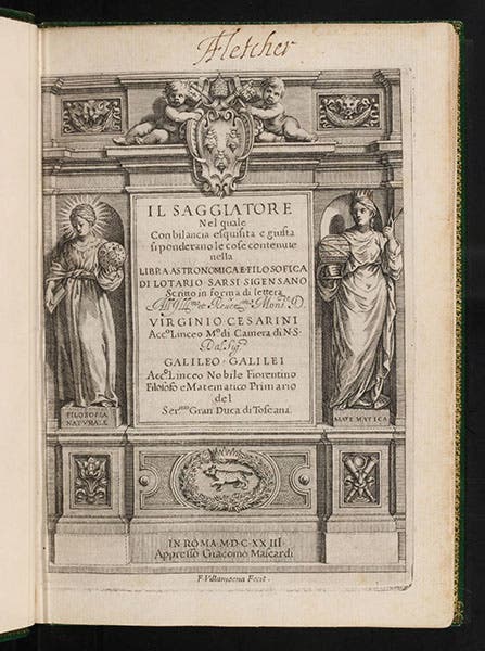 Title page of Il Saggiatore, by Galileo Galilei, a rebuttal of the Libra astronomica of Orazio Grassi, under the pseudonym of Lothario Sarsi, 1623 (Linda Hall Library)