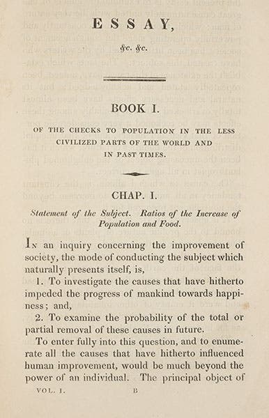 First page of text, Thomas Malthus, An Essay on the Principle of Population, 6th ed., 1826 (Linda Hall Library)