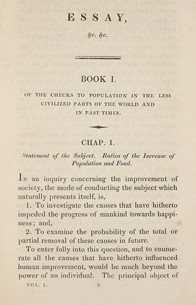 First page of text, Thomas Malthus, An Essay on the Principle of Population, 6th ed., 1826 (Linda Hall Library)