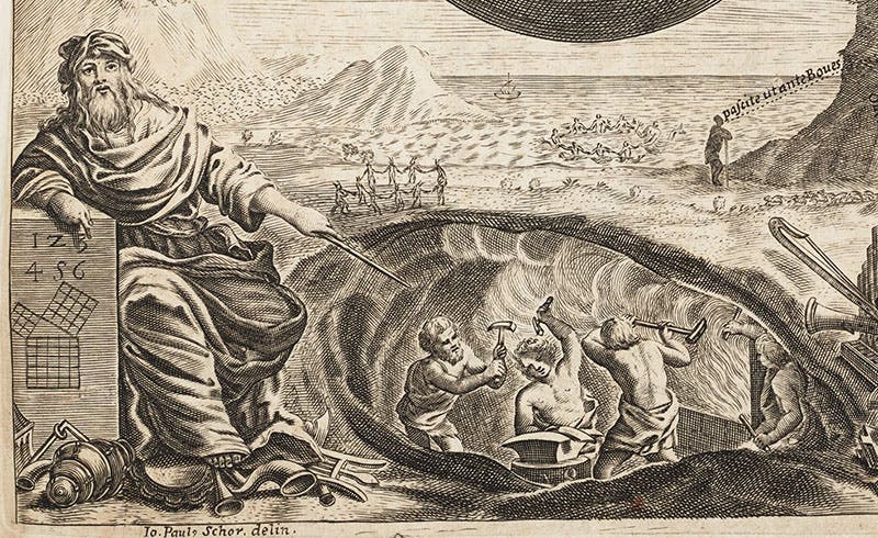 Scene showing Pythagoras at left, listening to the musical consonances and dissonances produced by blacksmiths’ hammers of different weights, detail of sixth image, engraved title page, Musurgia universalis, by Athanasius Kircher, 1650 (Linda Hall Library)