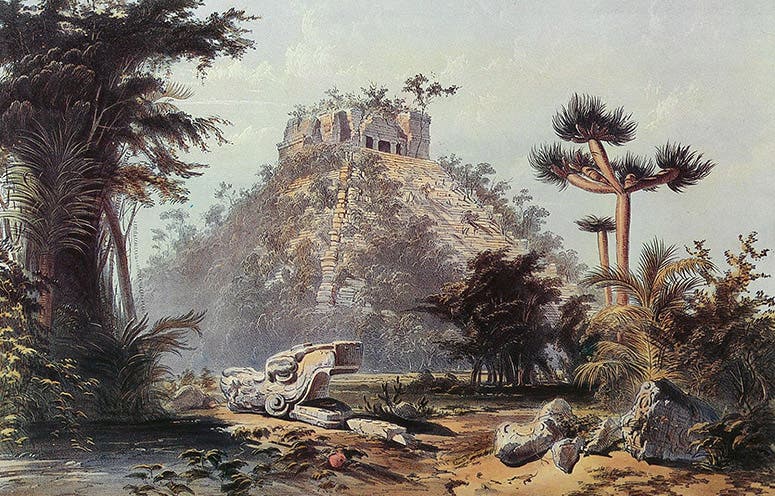 The Castillo at Chichen Itza, detail of a lithograph by A. Picken after watercolor by Frederick Catherwood, Views of Ancient Monuments in Central America, Chiapas and Yucatan, plate 22, facsimile of 1844 ed., 1984 (Linda Hall Library)