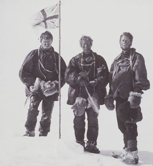 David (center), Mawson (right) and McKay at the South Magnetic Pole, Jan. 16, 1909 (antarctica.gov.au)