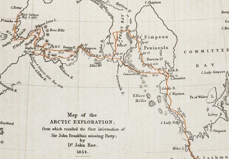 Detail of second image, with coastline newly mapped by Rae in red (Linda Hall Library)