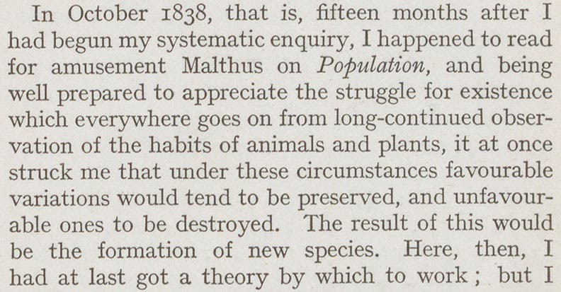 Passage from Charles Darwin’s Autobiography, 1929 edition, in which he recalls his first reading of Malthus’s Essay on Population (Linda Hall Library)
