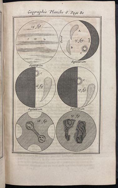 Views of the faces of Jupiter (TL), Venus (TR, CL, CR), and Mars (BL, BR), aftet drawings by G.D. Cassini, engraving, Cours de m)athematique, by Jacques Ozanam, rev. ed., vol. 5, plate 6, p. 80, 1699 (Linda Hall Library)