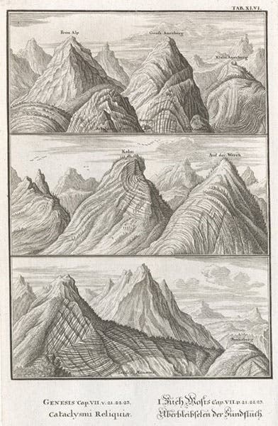 Strata around Lake Lucerne, deposited by the Flood, engraving, Johann Scheuchzer, Physica sacra, vol. 1, 1731 (Linda Hall Library)