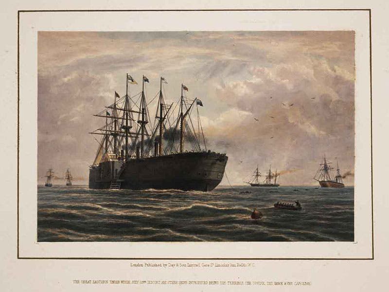 The Great Eastern underway with a bellyful of Atlantic telegraph cable, July 1866, chromolithograph in The Atlantic Telegraph, by William H.  Russell, illustrated by Robert Dudley, 1866 (Llnda Hall Library)