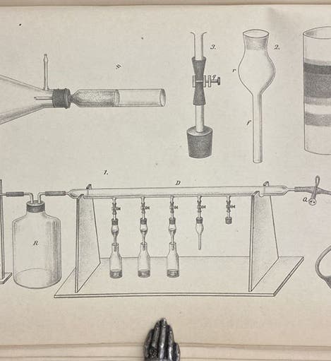 Drawing/diagam of Tsvet’s laboratory setup for his chromatography experiments on chlorophyll, to accompany “Adsorptionanalyse und chromatographische Methode,” by Mikhail Tsvet, Berichte der Deutschen Botanischen Gesellschaft, vol. 24, plate 18 at end, 1906 (Linda Hall Library)