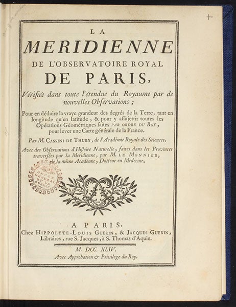 Title page, César-François Cassini de Thury, La meridienne de l'observatoire Royal de Paris, 1744 (Linda Hall Library)