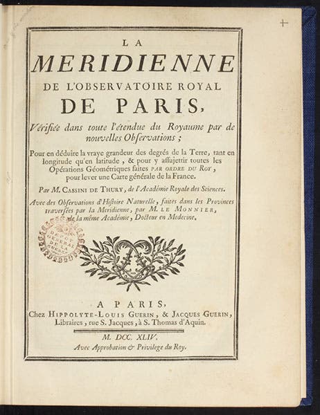 Title page, César-François Cassini de Thury, La meridienne de l'observatoire Royal de Paris, 1744 (Linda Hall Library)