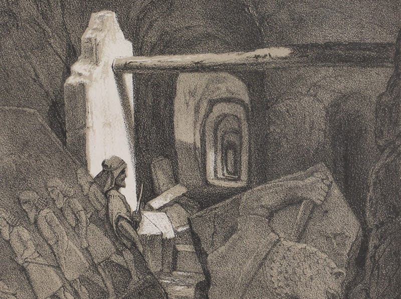 Detail of a tinted lithograph with the caption, “Excavations at Kouyunjik [Nineveh],” to show the lithograph texture, Austen Henry Layard, Discoveries in the Ruins of Nineveh and Babylon, 1853 (Linda Hall Library)