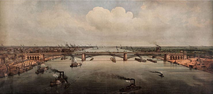 The completed St. Louis Bridge, from a contemporary poster, 1874 (Wikimedia commons)