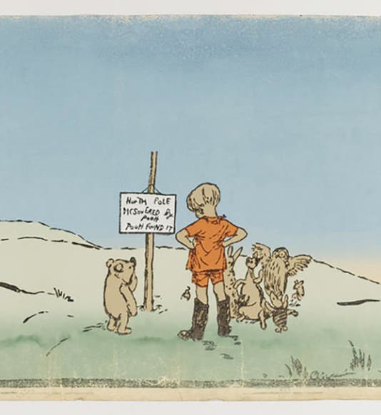 The North Pole and Christopher Robin’s sign, erected in the Hundred Acre Wood, based on the original drawing by E. H. Shepherd, detail of a frieze in the Cooper Hewitt Museum, ca 1926 (Cooper Hewitt Museum)