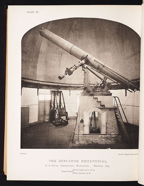 The 26-inch refractor at the U.S. Naval Observatory, built by Alvan Clark & Sons, 1873, from Washington Astronomical Observations, 1874 (Linda Hall Library)