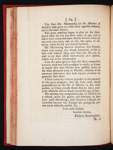 Last page of Barrington’s account of his meeting with Mozart, Philosophical Transactions of the Royal Society of London, 1770 (Linda Hall Library)