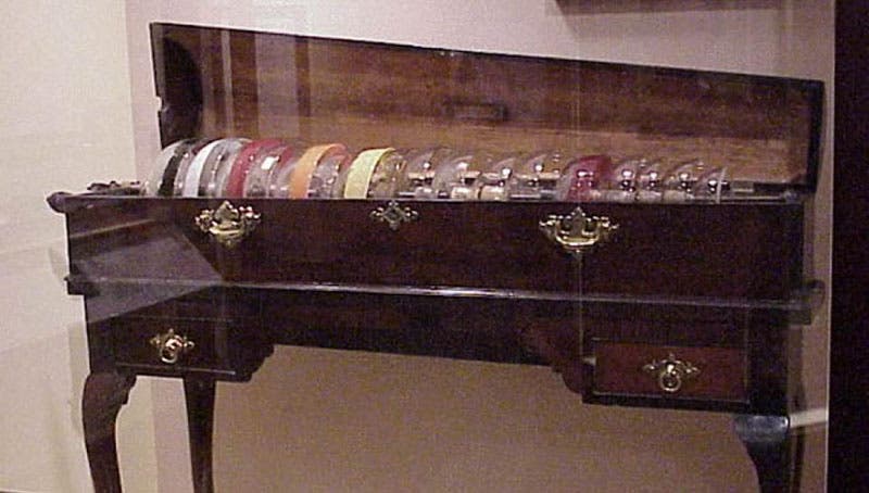 An original Franklin Armonica, unrestored, with some of the bowls missing, built in London in 1761, Franklin Institute, Philadelphia (fi.edu)