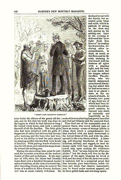 Johnny Appleseed (John Chapman), third woodcut in Harper’s New Monthly Magazine, vol. 43, no. 258, Nov. 1871 (Harvard University copy on hathitrust.org)