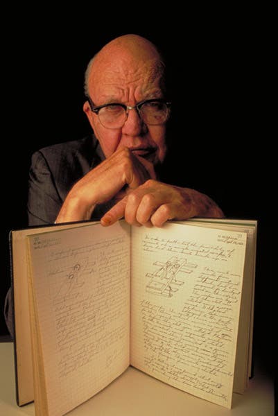 An older Jack Kilby holding his lab notebook with the first sketch of an integrated circuit, July, 1958 (Texas Instruments)