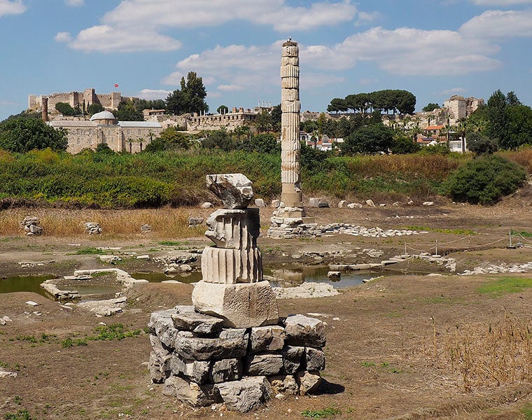 A stone column and some fragments, all that remains of the Temple of Artemis, Ephesus, one of the Seven Wonders of the Ancient World (Wikimedia commons)