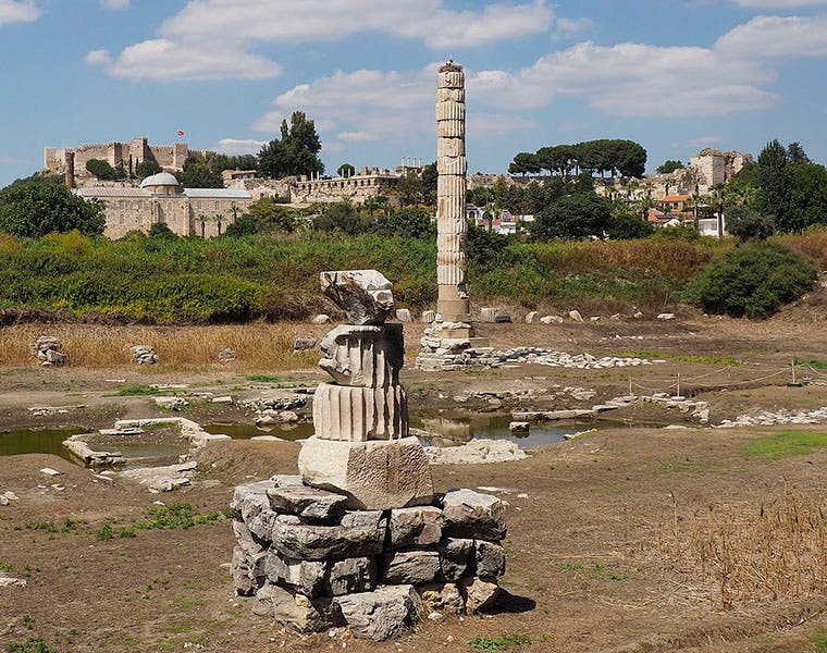 A stone column and some fragments, all that remains of the Temple of Artemis, Ephesus, one of the Seven Wonders of the Ancient World (Wikimedia commons)