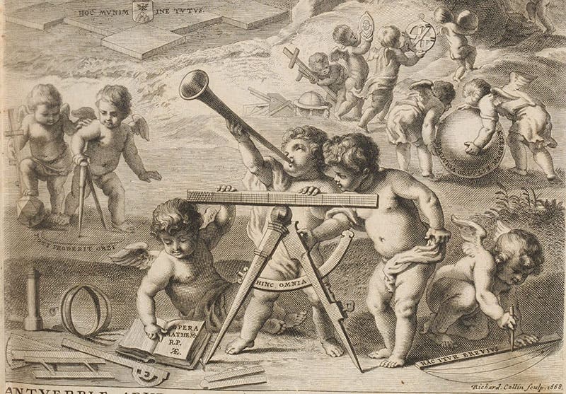 Putti engaged in various geometric exercises, detail of engraved titlepage, André Tacquet, Opera mathematica, 1669 (Linda Hall Library)
