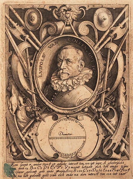 Portrait of Ludolph van Ceulen, engraved titlepage vignette by Jacques de Gheyn II, in Ludolph van Ceulen, Vanden circkel, 1596 (Linda Hall Library)