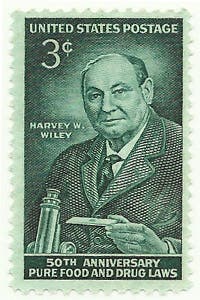 U.S. postage stamp, featuring Harvey W. Wiley, commemorating the 50th anniversary of the Pure Food and Drug Act of 1906 (Wikimedia commons)