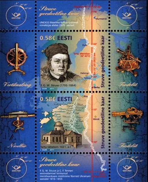 Postal sheet issued by Estonia, 2011, honoring F.G.W. von Struve, Dorpat (now Tartu) Observatory, and the Struve Geodetic Arc (ebay.com)