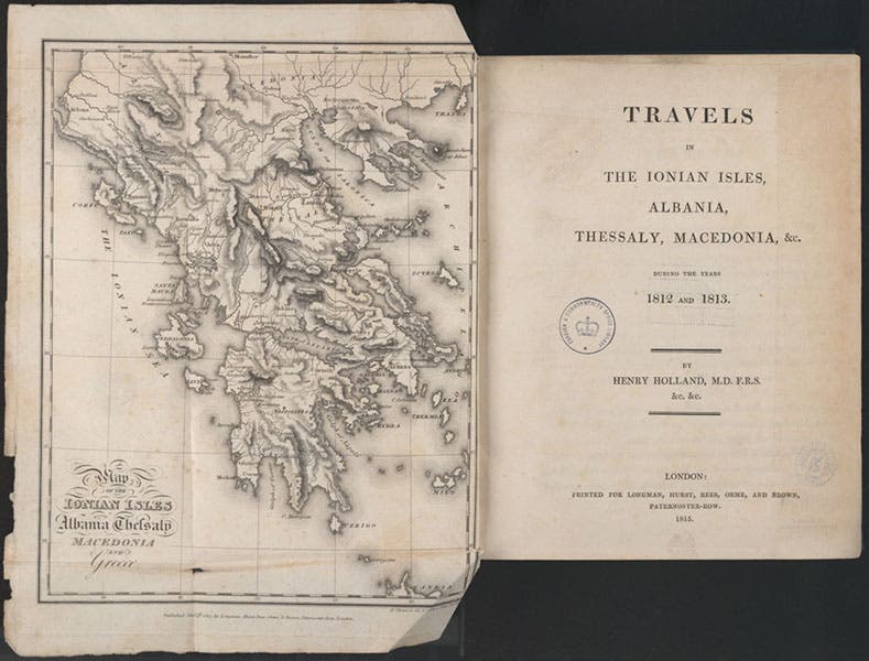 Title page and frontispiece map, Henry Holland, Travels in the Ionian Isles, 1815, King’s College Library, London (kingscollections.org)