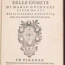 Title page, Discorso delle comete, by Mario Guiducci (i.e., Galileo Galilei), with printer’s mark of Pietro Cecconcelli, 1619 (Linda Hall Library)