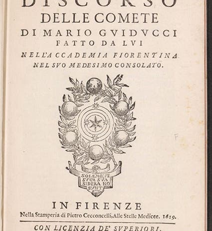 Title page, Discorso delle comete, by Mario Guiducci (i.e., Galileo Galilei), with printer’s mark of Pietro Cecconcelli, 1619 (Linda Hall Library)
