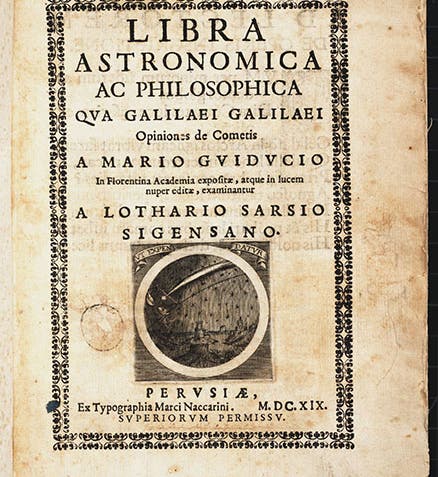 Title page of <i>Libra astronomica</i> by Orazio Grassi under the pseudonym Lothario Sarsi, 1619; the engraved vignette shows the last comet of 1618 in the constellation of Libra, the Balance (Linda Hall Library)