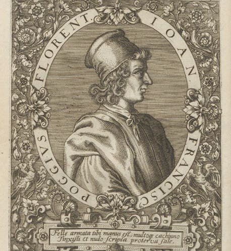 Portrait of Poggio Bracciolini, engraved by Theodore de Bry, in Jean-Jacques Boissard, <i>Icones quinquaginta virorum illustrium</i>, vol. 1, 1597 (Linda Hall Library)