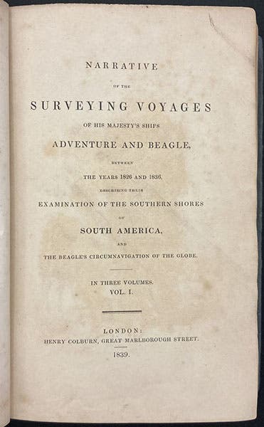 Title page, volume 1, Phillip Parker King’s narrative, in Narrative of the Surveying Voyages of His Majesty's Ships Adventure and Beagle, between the Years 1826 and 1836, by Robert FitzRoy, 1839 (Linda Hall Library)