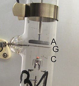 Kind of vacuum tube used for the Franck-Hertz experiment of 1914, contemporary with the one actually used by James Franck; C is the cathode, G the wire-mesh grid, and A the anode; electron flow is upward (Wikimedia commons)