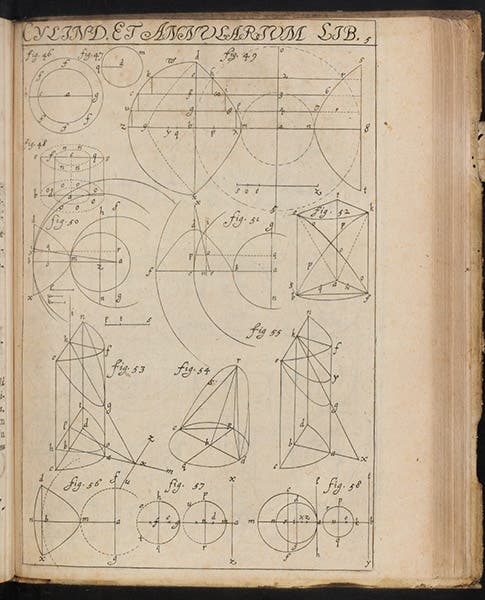 Diagrams of more conic sections, this time without shading,  engraving, André Tacquet, Cylindricorum et annularium liber V, 1659 (Linda Hall Library)