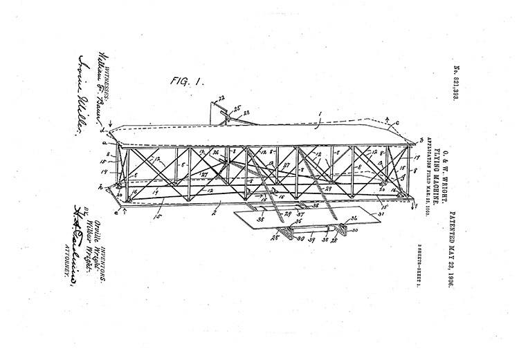 The Wright Brothers’ “wing warping” patent. US Patent 821,393, issued May 22, 1906.